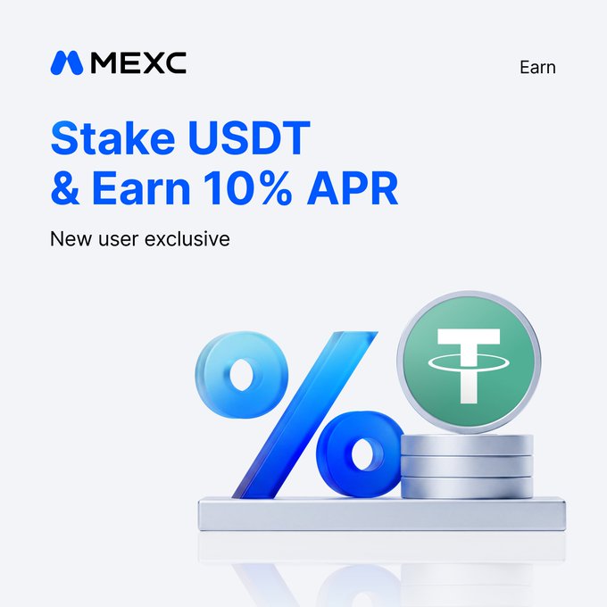 The image features a coin stacked on top of another, which is green and white with a T graphic on it. On the left side of this stack are two stacks of money. One stack has blue coins and is labeled "%". On the right side there's a single stack of silver coins with a 10% APR tag next to a T logo. The title of the image is "MEXC Stake USDT & Earn 10% APR", and it appears that this message is related to the coin in the bottom right corner, which could be a reference to its usage for earning interest through a cryptocurrency exchange like MEXC.