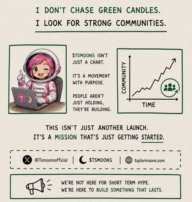 A promotional graphic for $TSMOONS featuring a pink-haired astronaut character at a laptop, with text reading 'I don't chase green candles. I look for strong communities' and contact info @Tsmoonsofficial and taylormoons.com.