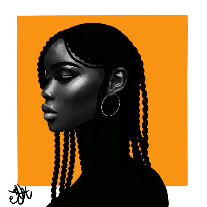 A stylized digital portrait of a woman in profile with long braids and a hoop earring, rendered in black against a bright orange background with an artist signature in the corner.