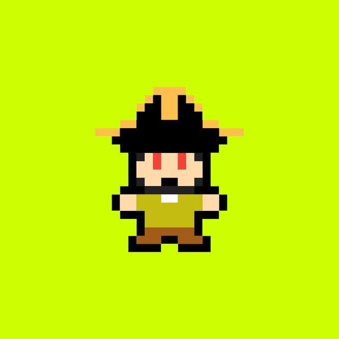 An 8-bit pixel art character wearing a straw hat, red eyes, and an olive-green outfit, displayed against a bright lime-green background.