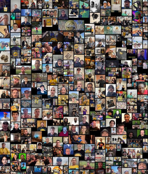 A dense collage of hundreds of selfies and group photos from members of the SPX6900 community, showcasing diverse fans wearing branded merchandise and posing in various settings. The montage visually represents the "badass characters from all walks of life" rallying together around the SPX6900 mission to "flip the stock market," as referenced in the accompanying post.