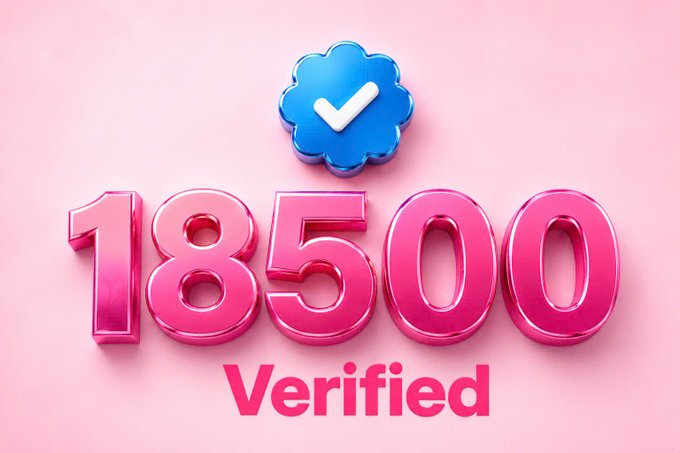 A 3D rendered graphic showing the number '18500' in glossy pink, with the word 'Verified' below and a blue checkmark badge above, on a pink background.