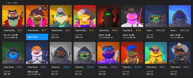 A marketplace interface showing rows of NFT avatars with hooded figures and various accessories, featuring 'Trust Us' listings with various price tags.