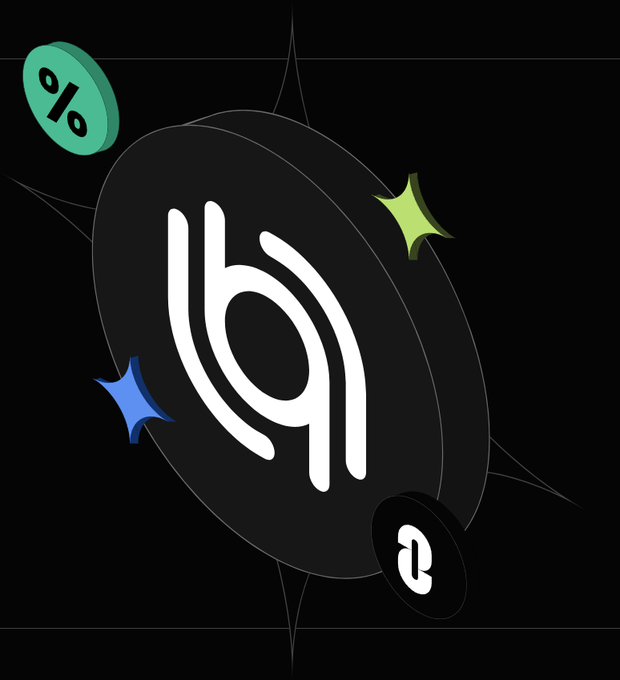 A 3D digital rendering featuring a black circular object with a white abstract logo, accompanied by a green percentage coin and blue and green star sparkles against a black background.