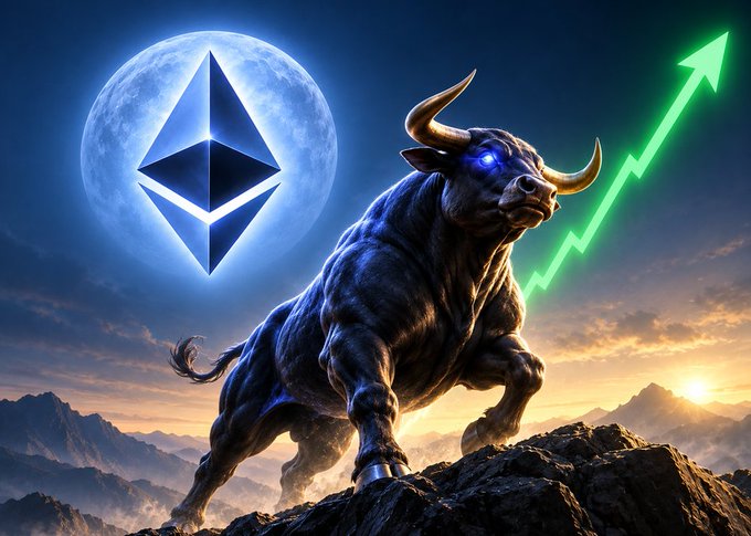 A digital illustration of a muscular black bull with glowing blue eyes charging upward against a moonlit sky, accompanied by the Ethereum logo and a green upward-pointing arrow indicating a bull market.