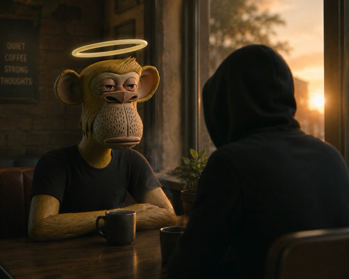 A 3D-rendered monkey with a glowing halo sits across from a hooded figure at a coffee shop table at sunset, with a sign reading 'QUIET COFFEE STRONG THOUGHTS' visible in the background.