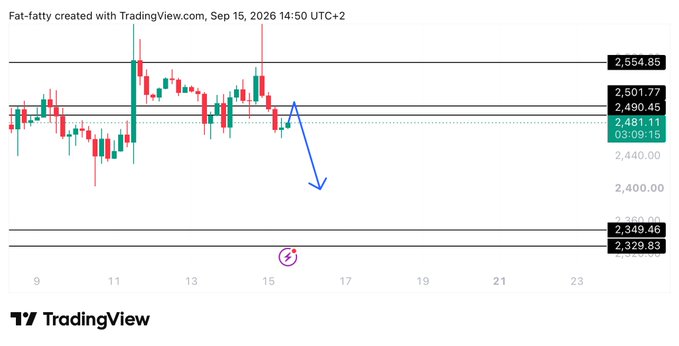 The image is a TradingView candlestick chart of $ETH (Ethereum) showing today's price action, with a blue arrow indicating a bearish projection toward the 2,349.46–2,329.83 support zone, while current price sits near 2,481.11. Key resistance levels are marked at 2,490.45, 2,501.77, and 2,554.85, highlighting a potential downside target after recent rejection at the highs.