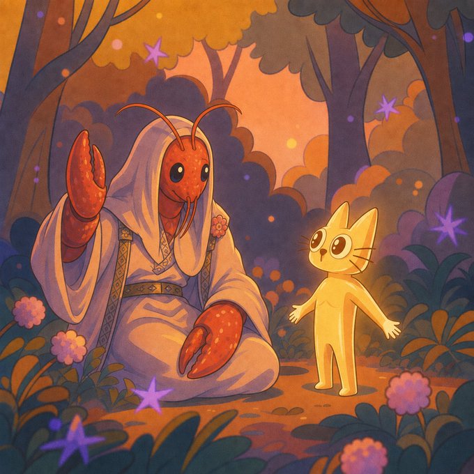 A warm-toned illustration of a red lobster wearing a white hooded robe sitting in a whimsical forest setting, interacting with a small, glowing yellow cat-like creature, surrounded by purple star shapes and pink flowers.