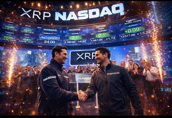An AI-generated image depicting a NASDAQ celebration with "XRP" displayed, showing two men shaking hands with stock tickers visible.