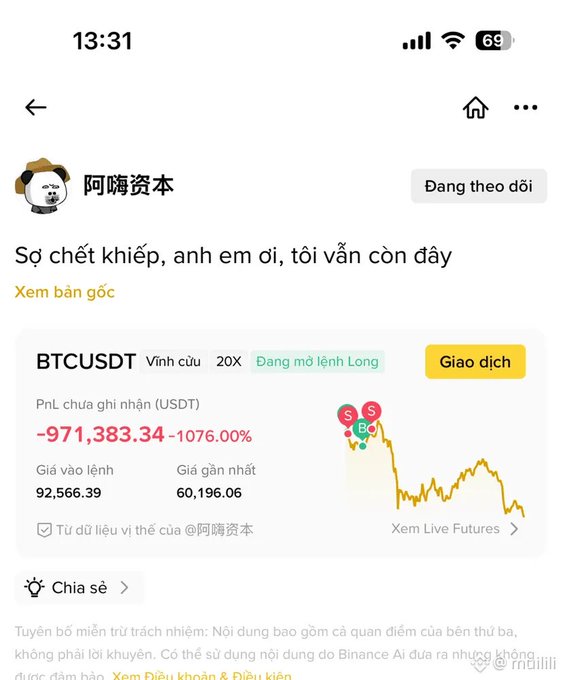 The image shows a Binance trade position for "阿瞒资本" (A Man Capital) holding a 20X long position on BTCUSDT with an entry price of 92,566.39, currently showing an unrealized PnL loss of -971,383.34 USDT (-1076%) at a current price of 60,196.06, with the caption "Sợ chết khiếp, anh em ơi, tôi vẫn còn đây" (Terrified, brothers, I'm still here). This relates to the post's question about how long futures positions can be held, as the trade shows this trader has stubbornly held onto a long BTC position for approximately 6 months despite massive losses, since BTC has dropped from the 92k entry to around 60k.