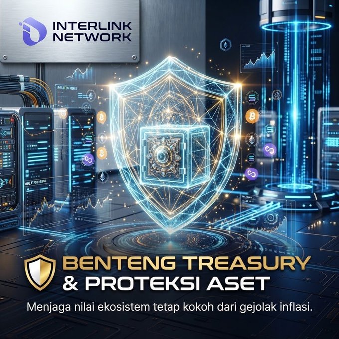 A digital graphic advertises "BENTENG TREASURY & PROTEKSI ASET" for "INTERLINK NETWORK," featuring a glowing shield, cryptocurrency symbols, and a protective safe.