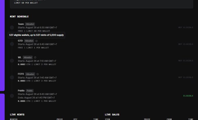 A screenshot of a mint schedule for Team, GTD, WL, FCFS, and Public phases starting August 26 at various times GMT+7, with the Public phase marked ELIGIBLE.