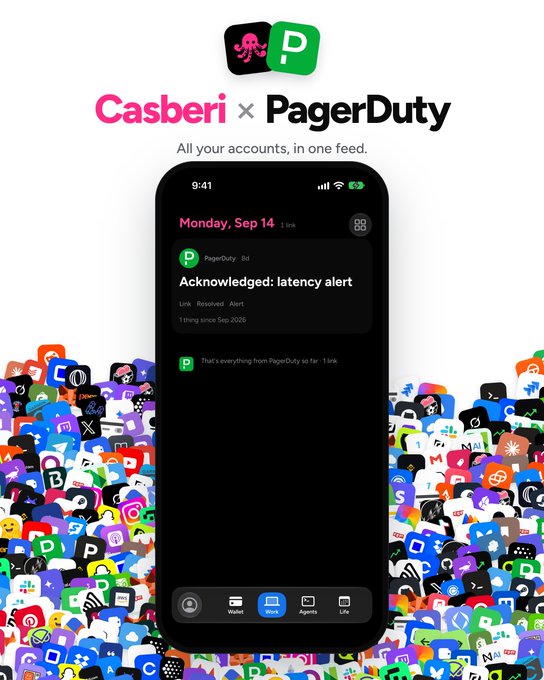 A promotional graphic for 'Casberi x PagerDuty' displaying a smartphone showing a 'latency alert' notification, surrounded by a colorful collage of various social media and app icons.