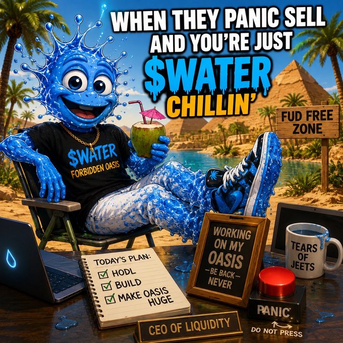A cartoon blue water droplet character relaxes in a beach chair wearing a "$WATER Forbidden Oasis" shirt, surrounded by humorous props like a "PANIC - DO NOT PRESS" button, a "Tears of Jeets" mug, a "FUD Free Zone" sign, and a notepad listing "TODAY'S PLAN: HODL, BUILD, MAKE OASIS HUGE." The image playfully promotes the $WATER "Forbidden Oasis" crypto project by mocking panic sellers and emphasizing a chill, long-term holder mindset that aligns with the linked website.