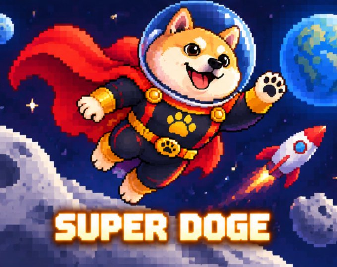 A pixel art illustration features a smiling Shiba Inu dog dressed as a superhero, wearing a blue space helmet and red cape, flying through a starry cosmos alongside a rocket and Earth, with the title "SUPER DOGE" displayed prominently at the bottom. The image aligns with the post's "to the moon" theme, visually promoting the $SuperDoge token and echoing the urgency of the 30-minute countdown to launch.