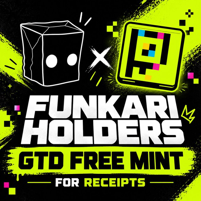 A vibrant promotional graphic titled 'FUNKARI HOLDERS GTD FREE MINT FOR RECEIPTS' featuring stylized box and pixel-art characters on a neon yellow and black background.