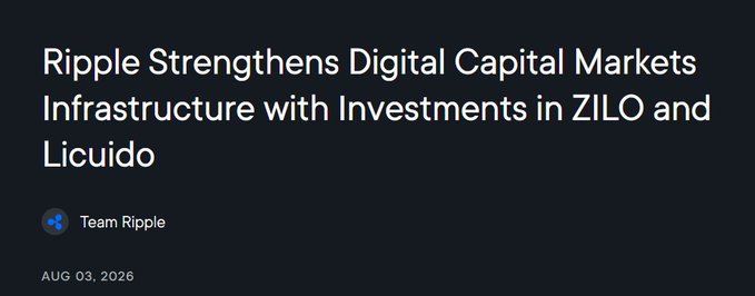 A news headline reading 'Ripple Strengthens Digital Capital Markets Infrastructure with Investments in ZILO and Liquido' by Team Ripple, dated August 03, 2026.