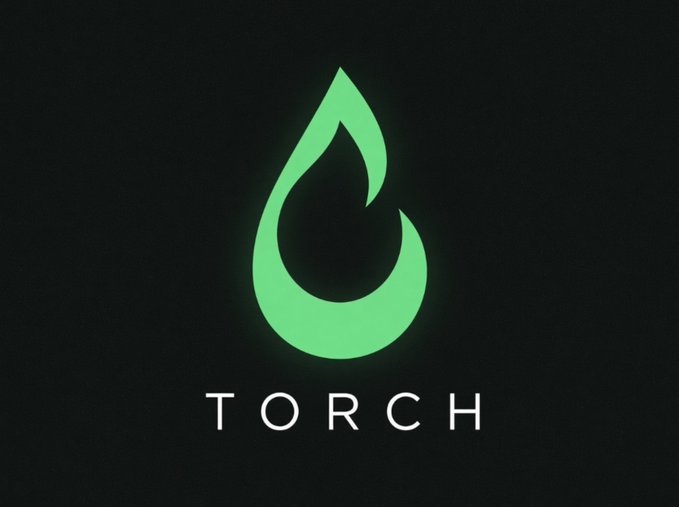A logo design featuring a stylized green flame or teardrop shape with the word 'TORCH' in white text below it on a black background.