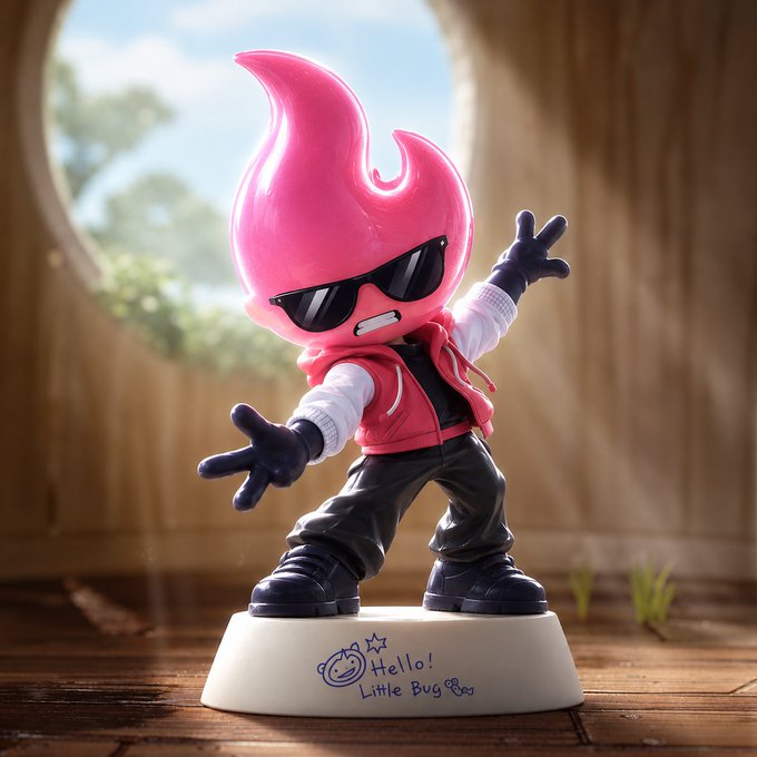 A 3D rendering of a toy figure with a pink flame head wearing black sunglasses, a pink vest, and black pants, standing on a white base labeled 'Hello! Little Bug Bro'.