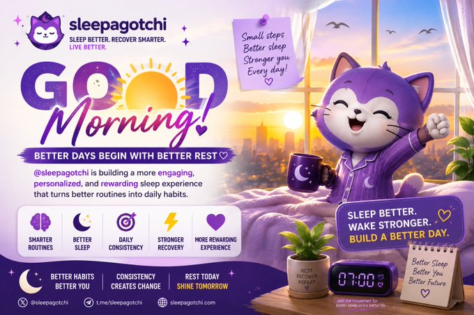 A promotional graphic for 'Sleepagotchi' featuring a purple cat mascot in pajamas holding a coffee mug, with text 'GOOD Morning! BETTER DAYS BEGIN WITH BETTER REST' and slogans like 'SLEEP BETTER. WAKE STRONGER. BUILD A BETTER DAY.'