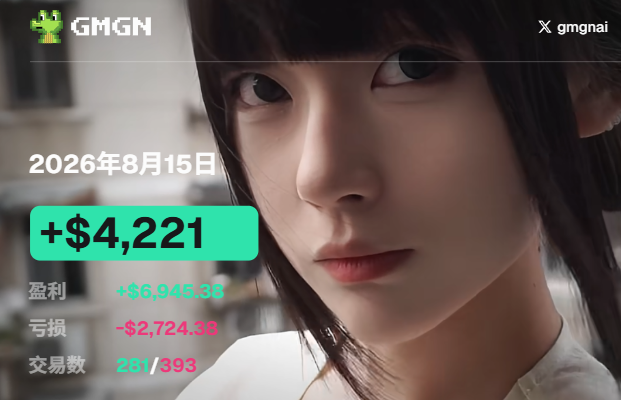 A pensive 3D-rendered female character gazes thoughtfully while an overlay displays trading results for "GMGN" showing a date of 2026年8月15日, a net gain of +$4,221 (with +$6,945.38 in profits offset by -$2,724.38 in losses) across 281/393 trades. The melancholic expression and modest earnings perfectly capture the post's tone of resignation about keeping a low profile in the chaotic crypto market without seeking glory among the top traders.