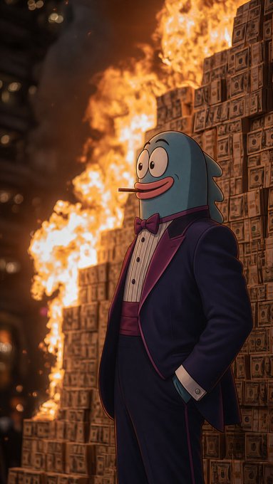 A cartoon fish character wearing a dark tuxedo and bow tie stands next to a tall stack of burning money, with its tongue sticking out in a stylized, dramatic scene.