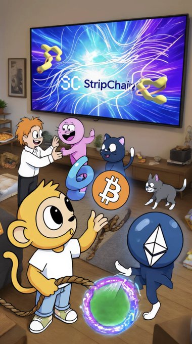 A digital artwork featuring cartoon characters, cryptocurrency coin mascots (including Bitcoin, Ethereum, and others), and a glowing portal in a living room setting with a TV displaying 'SC StripChain'.