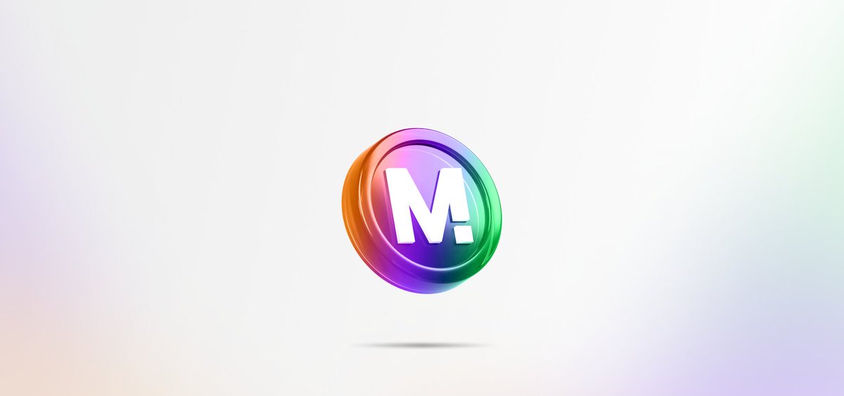 A 3D metallic coin logo with the letter 'M' in the center, featuring a vibrant gradient from orange to green against a soft pastel background.