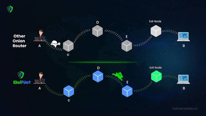 This infographic visually compares the routing of "Other Onion Router" with "BelNet," showcasing how BelNet's encrypted network (represented by blue cubes and a rabbit) offers enhanced privacy compared to traditional onion routing (grey cubes and a turtle). The text and website "belnet.beldex.io" indicate this is a demonstration of Beldex's privacy technology.