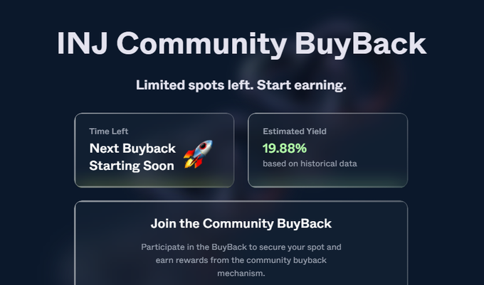 The image promotes an "INJ Community BuyBack" featuring a 19.88% estimated yield and "Next Buyback Starting Soon" countdown, directly visualizing the Wednesday buyback event worth $168,000 in rewards funded by Injective ecosystem trading revenue mentioned in the post.