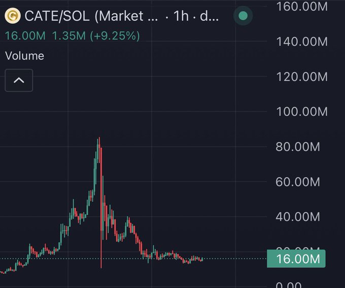 A trading chart displays the CATE/SOL trading pair with a 1-hour timeframe, showing a dramatic volume spike to roughly 80M during a volatile price swing before settling back to the current volume of 16.00M (up 9.25%). The price action suggests a major pump-and-dump pattern that has since flattened, which likely prompted the question about CATE's potential.
