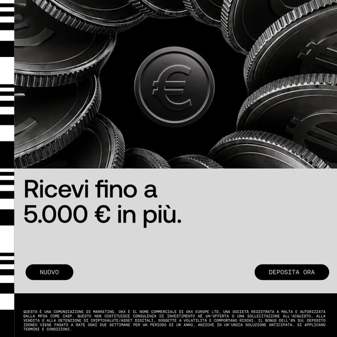 An advertisement in Italian offering up to 5,000 € extra, featuring an image of black euro coins and a central logo, with buttons labeled 'NUOVO' and 'DEPOSITA ORA', promoting DK and DKX Europe Ltd.