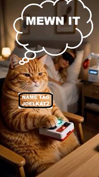 An orange tabby cat named "Joe Katz" with a "NAME TAG" sits in a director's chair holding a game controller, with a thought bubble reading "MEWN IT"—playfully depicting the cat as a market "riddler" or simulation programmer predicting the bearish-to-bullish and bullish-to-bearish chart flips mentioned in the post for #XRP and #OIL.