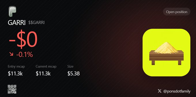 A token position card for $GARRI showing -$0 with a -0.1% change, entry mcap of $11.3k, current mcap of $11.3k, size of $5.38, an 'Open position' button, and a cartoon icon of a pile of rice on a wooden table by @ponsdotfamily.