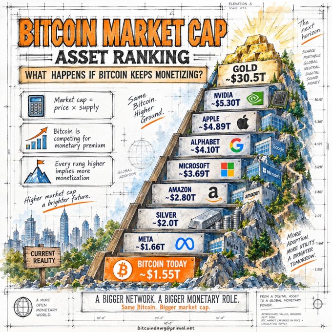 An intricate infographic titled "BITCOIN MARKET CAP ASSET RANKING" depicts Bitcoin as climbing a mountain toward "the next horizon," with asset tiers labeled from "Bitcoin Today ~$1.55T" at the base up through Meta (~$1.66T), Silver (~$2.0T), Amazon (~$2.80T), Microsoft (~$3.69T), Alphabet (~$4.10T), Apple (~$4.89T), NVIDIA (~$5.30T), and Gold (~$30.5T) at the peak, illustrating Bitcoin's potential growth trajectory against major global assets. The image reinforces the "STUDY #BITCOIN" message by visually comparing Bitcoin's current market cap to traditional stores of value and major corporations, suggesting significant upside potential if it continues monetizing.