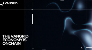 A dark digital graphic with the VANGRID logo and the text "THE VANGRID ECONOMY IS ONCHAIN" alongside flowing blue light patterns.