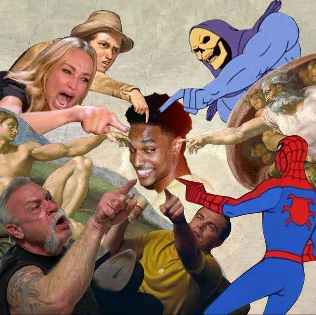 A photoshopped meme featuring a smiling man's face (resembling Ansem) photoshopped onto Michelangelo's "Creation of Adam," surrounded by pointing figures including Skeletor, Spider-Man, The Creation of Adam, and screaming meme faces, humorously depicting him as a hated figure drawing universal finger-pointing and rage, tying into the caption about a "hated rally" on $ANSEM.