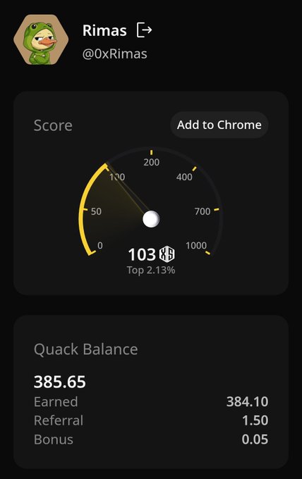 The image shows an app screen that displays a scorecard for Quack Balance, which tracks the user's progress in achieving balance between their income and expenses. The scorecard includes various statistics such as earned bonus points, referred users, and the number of followers on social media platforms like Twitter. The post also mentions that the Quack Balance app is designed to help people achieve financial balance by tracking their spending habits and providing insights into how they can improve their financial situation.

The image focuses on the user's progress in achieving financial balance through the use of an app, highlighting its features and benefits for users who want to manage their finances more effectively.