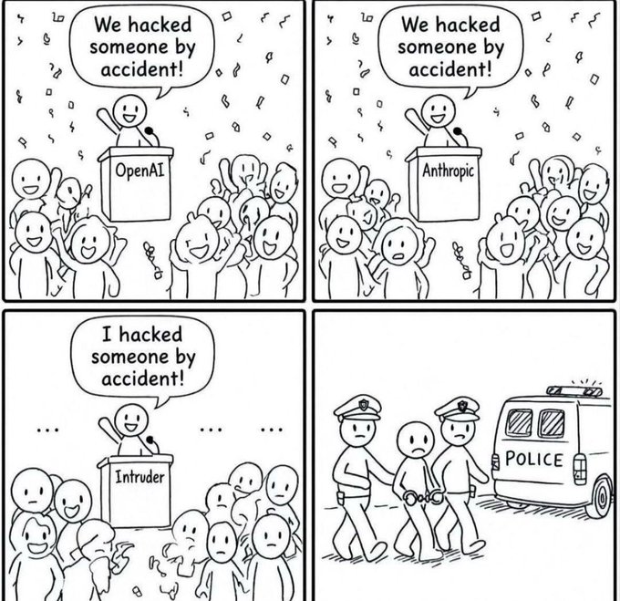 A four-panel comic in which OpenAI and Anthropic are cheered for accidentally hacking someone, but when an 'Intruder' does the same, they are arrested by police.
