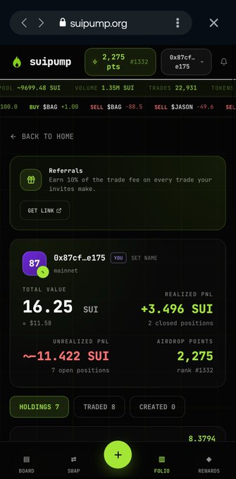 Mobile screenshot of suipump.org showing a user profile (0x87cf..e175) with a total value of 16.25 SUI and a realized PNL of +3.496 SUI.