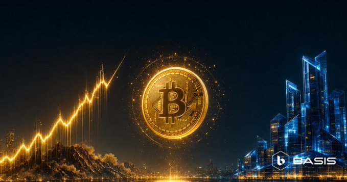 A digital illustration features a large golden Bitcoin coin in the center, with an upward-trending price chart on the left and a futuristic cityscape on the right, displaying the 'BASIS' logo in the corner.