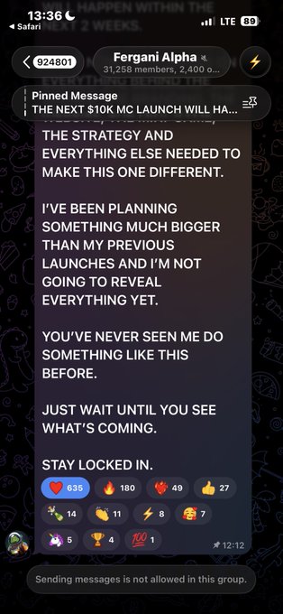 A Telegram pinned message from 'Fergani Alpha' teasing 'THE NEXT $10K MC LAUNCH' and hinting at a bigger upcoming project.