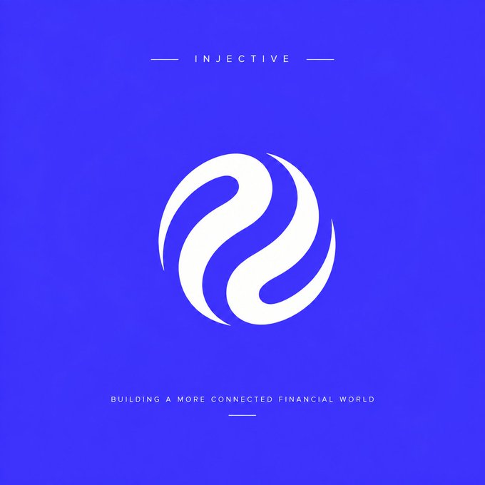 A promotional graphic with a white swirling logo on a blue background, featuring the text 'INJECTIVE' at the top and 'BUILDING A MORE CONNECTED FINANCIAL WORLD' at the bottom.