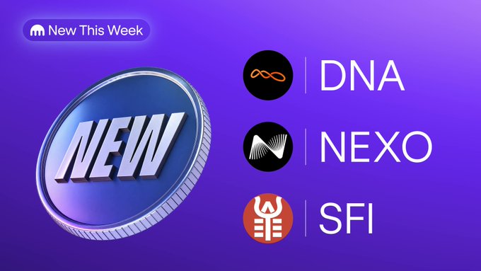 A purple Kraken promotional graphic labeled “New This Week” announces three new listings, showing the tickers $DNA, $NEXO, and $SFI beside a large “NEW” coin. It accompanies the post promoting these listings and the Kraken sign-up link.