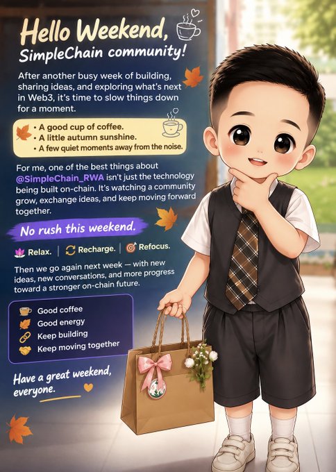 A weekend greeting graphic from the SimpleChain community featuring a cartoon boy with a shopping bag, encouraging relaxation with messages like 'Hello Weekend, SimpleChain community!' and 'No rush this weekend.'