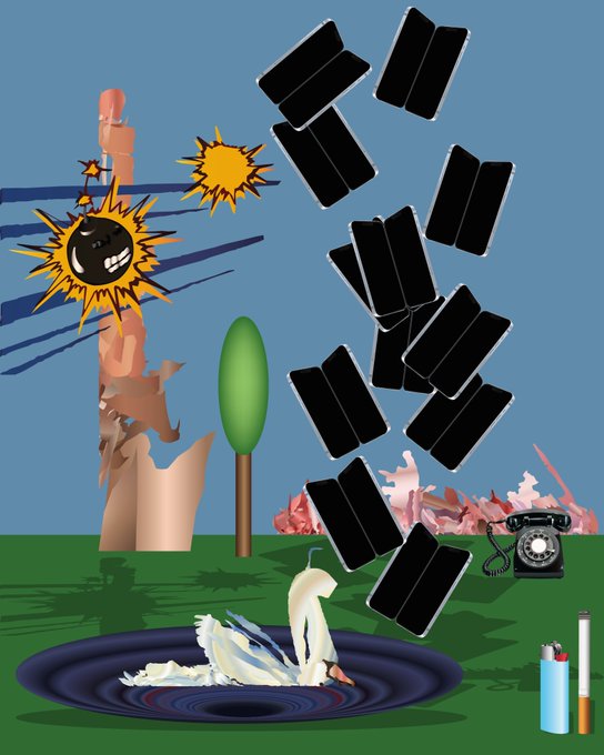 A surreal digital collage featuring a swan in water, a green tree, a vintage telephone, cigarettes, and cascading black dominoes against a blue sky.