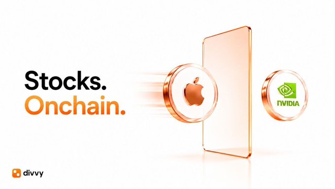 An advertisement for Divvy with the tagline 'Stocks. Onchain.' featuring Apple and Nvidia logos styled as flying coins next to a golden iPhone.