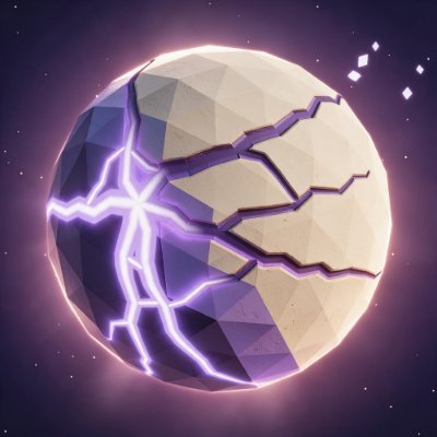 A digital illustration of a cracked, glowing purple energy orb or planet with bright lightning-like veins and small glowing particles floating around it against a dark background.