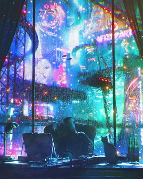 A neon-lit cyberpunk cityscape glows through a rain-streaked window behind a silhouette seated in a chair with a cat at their feet, while a partially visible "NETIZEN" neon sign frames the scene—evoking the fragile, algorithm-driven existence of online creators whose carefully built digital worlds can vanish with a single platform update.