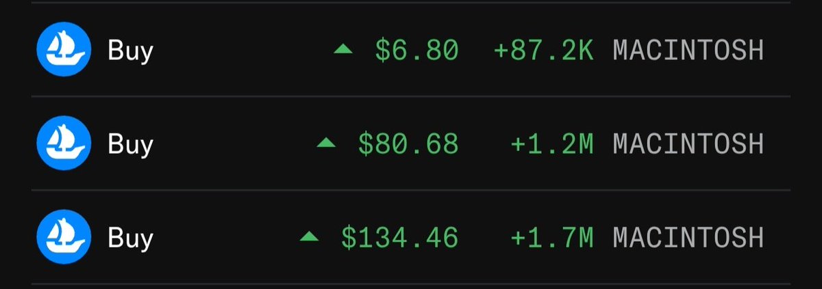 A trading interface displaying three 'Buy' orders for a stock ticker labeled 'MACINTOSH' with positive price points at $6.80 (+87.2K), $80.68 (+1.2M), and $134.46 (+1.7M).